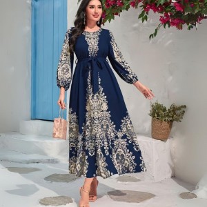 Cross Border Fashion Digital Printing Long Sleeve Middle East Dress - Navy Blue 