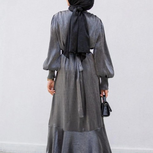 Muslim Women Solid Color Ruffled Large Swing Long Sleeve Dress - Black image