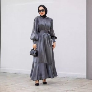 Muslim Women Solid Color Ruffled Large Swing Long Sleeve Dress - Black