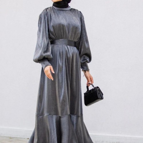 Muslim Women Solid Color Ruffled Large Swing Long Sleeve Dress - Black image