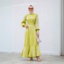 Muslim Women Solid Color Ruffled Large Swing Long Sleeve Dress - Green