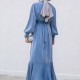 Muslim Women Solid Color Ruffled Large Swing Long Sleeve Dress - Blue image