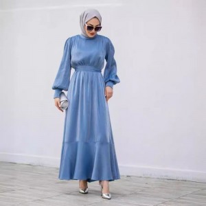 Muslim Women Solid Color Ruffled Large Swing Long Sleeve Dress - Blue