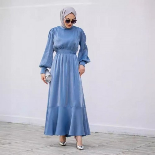 Muslim Women Solid Color Ruffled Large Swing Long Sleeve Dress - Blue image