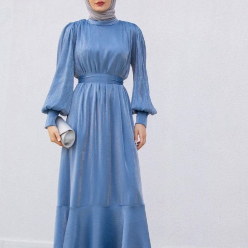 Muslim Women Solid Color Ruffled Large Swing Long Sleeve Dress - Blue image