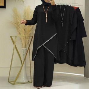 Muslim Women Two Piece Suit Long Sleeved O-Neck Casual Shirt - Black