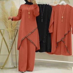 Muslim Women Two Piece Suit Long Sleeved O-Neck Casual Shirt - Red