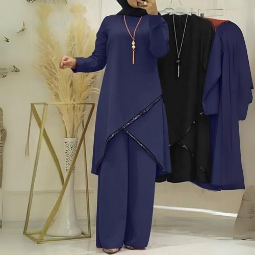 Muslim Women Two Piece Suit Long Sleeved O-Neck Casual Shirt - Navy Blue image