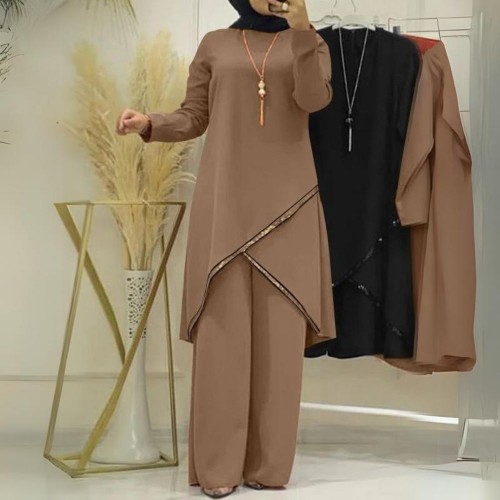 Muslim Women Two Piece Suit Long Sleeved O-Neck Casual Shirt - Brown image