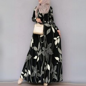 Muslim Women Floral Print Long Sleeve Holiday Dress - Black