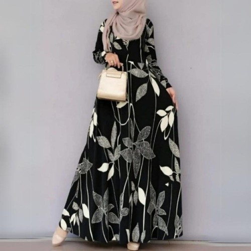 Muslim Women Floral Print Long Sleeve Holiday Dress - Black image