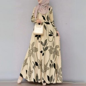 Muslim Women Floral Print Long Sleeve Holiday Dress - Beige