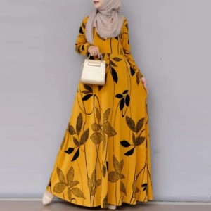 Muslim Women Floral Print Long Sleeve Holiday Dress - Orange