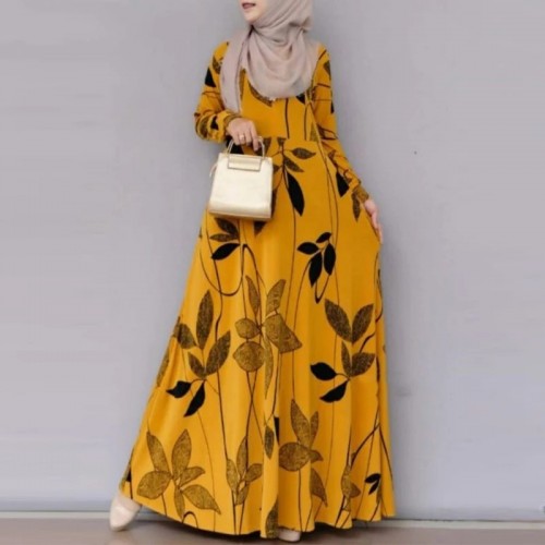 Muslim Women Floral Print Long Sleeve Holiday Dress - Orange image