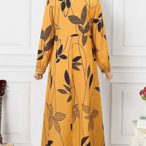 Muslim Women Floral Print Long Sleeve Holiday Dress - Orange image