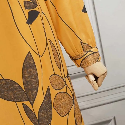 Muslim Women Floral Print Long Sleeve Holiday Dress - Orange image