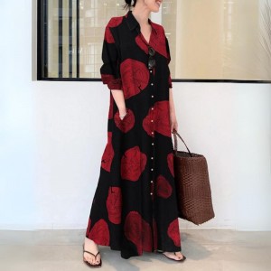 Cream Checkered Collar Contrast Print Pocket Buttons Sleeve Shirt Maxi Dresses - Red