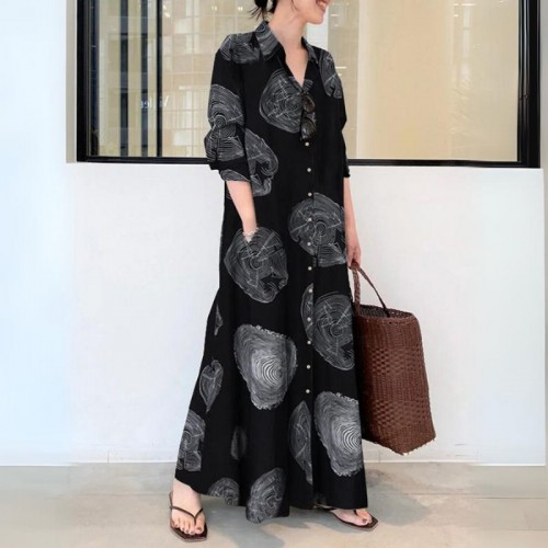 Cream Checkered Collar Contrast Print Pocket Buttons Sleeve Shirt Maxi Dresses - Black image