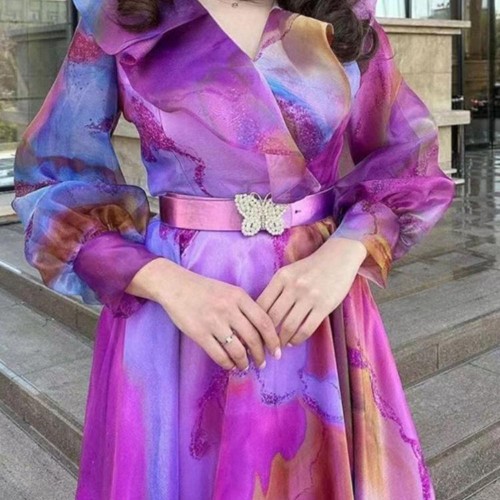 New Foreign Trade Printed Large Swing Mesh Dress - Purple image