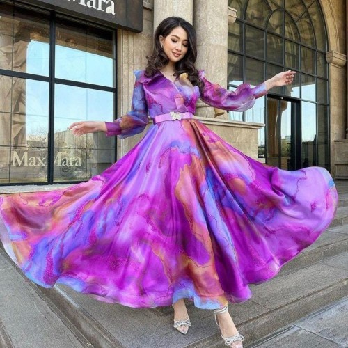 New Foreign Trade Printed Large Swing Mesh Dress - Purple image