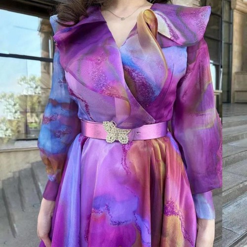 New Foreign Trade Printed Large Swing Mesh Dress - Purple image