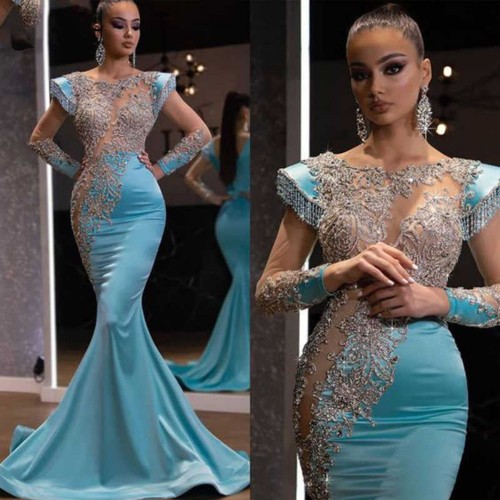 Light Blue Fishtail Skirt Long Sand Gold Series Dress image