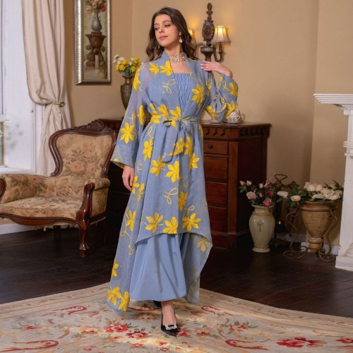 Cute V-neck Tie Contrast Color Print Embroidery Belt Flare Sleeve Kaftan - Blue image