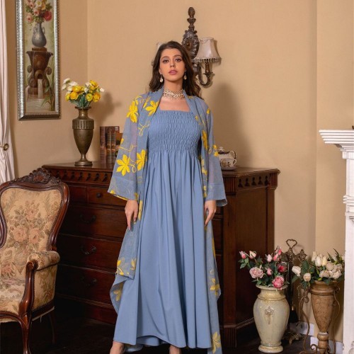 Cute V-neck Tie Contrast Color Print Embroidery Belt Flare Sleeve Kaftan - Blue image