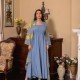 Cute V-neck Tie Contrast Color Print Embroidery Belt Flare Sleeve Kaftan - Blue image