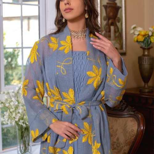 Cute V-neck Tie Contrast Color Print Embroidery Belt Flare Sleeve Kaftan - Blue image