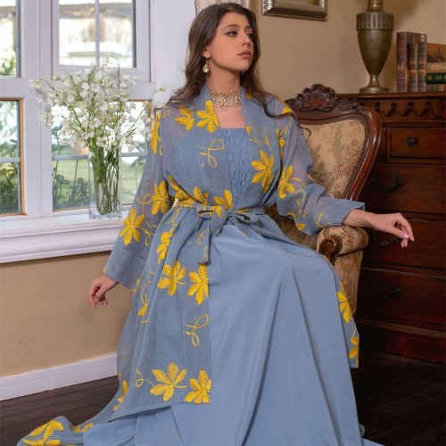 Cute V-neck Tie Contrast Color Print Embroidery Belt Flare Sleeve Kaftan - Blue image