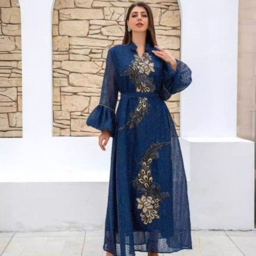 Cute V-Neck Contrast Color Solid Color Stone Embroidery Rhinestones Flared Sleeves Kaftan - Blue image