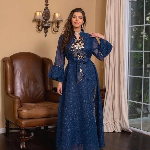 Cute V-Neck Contrast Color Solid Color Stone Embroidery Rhinestones Flared Sleeves Kaftan - Blue image