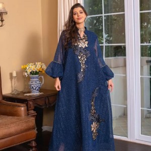 Cute V-Neck Contrast Color Solid Color Stone Embroidery Rhinestones Flared Sleeves Kaftan - Blue