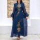 Cute V-Neck Contrast Color Solid Color Stone Embroidery Rhinestones Flared Sleeves Kaftan - Blue image