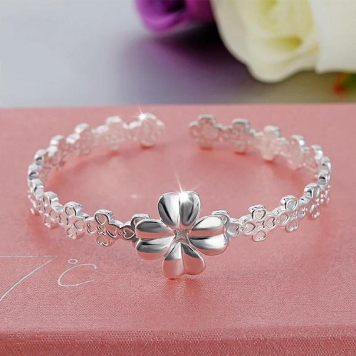 Silver Four Leaf Clover Bracelet With Flowers image