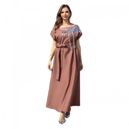 Women V-neck Lace Simple Casual Short Sleeve Holiday Dress - Brown image