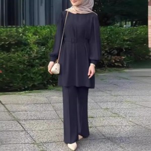 Muslim Women Cross Border Round Neck Long Sleeved Belt Elastic Waist Top And Trousers Suit  - Navy Blue 