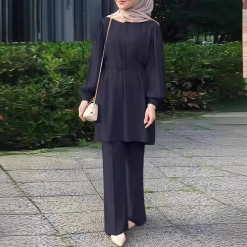 Muslim Women Cross Border Round Neck Long Sleeved Belt Elastic Waist Top And Trousers Suit - Navy Blue image