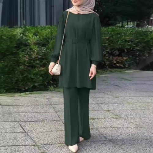 Muslim Women Cross Border Round Neck Long Sleeved Belt Elastic Waist Top And Trousers Suit - Green image