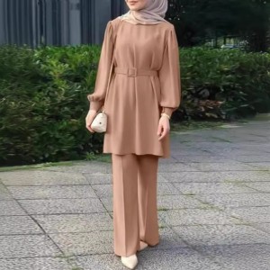 Muslim Women Cross Border Round Neck Long Sleeved Belt Elastic Waist Top And Trousers Suit  - Biege