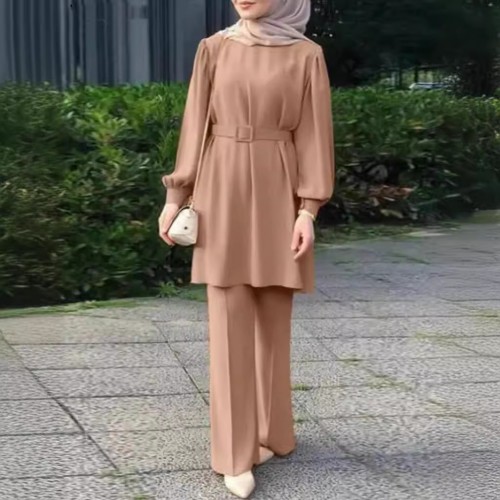 Muslim Women Cross Border Round Neck Long Sleeved Belt Elastic Waist Top And Trousers Suit - Biege image