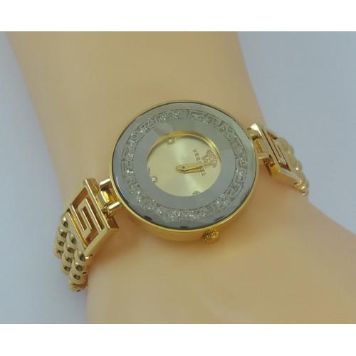 Versace Inspired Luxury Round Gold Dial Diamond Watch with Gold Bracelet image