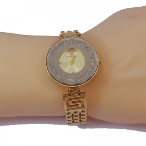 Versace Inspired Luxury Round Gold Dial Diamond Watch with Gold Bracelet