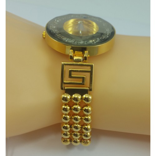 Versace Inspired Luxury Round Gold Dial Diamond Watch with Gold Bracelet image