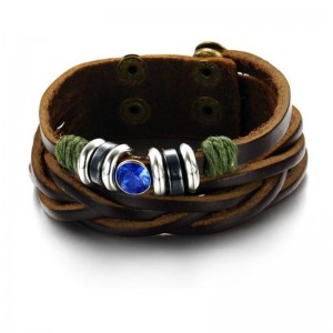 Men Blue Crystal Brown Leather Bracelet