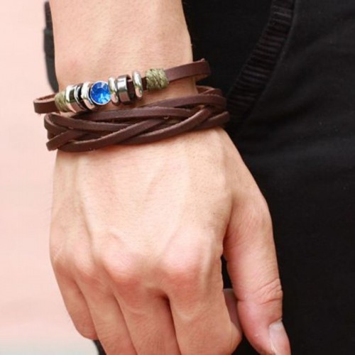 Men Blue Crystal Brown Leather Bracelet image