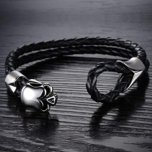 Men's Black Color Skull Leather Bracelet image