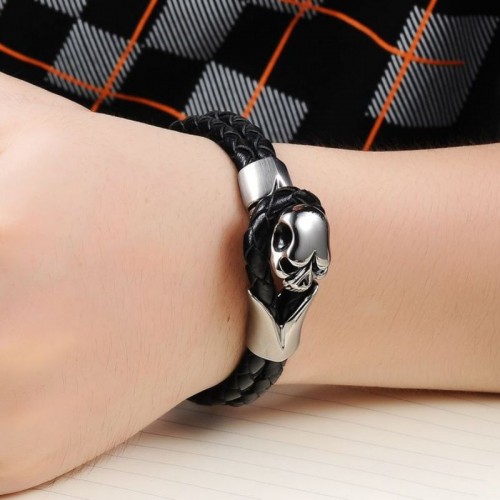 Men's Black Color Skull Leather Bracelet image