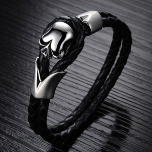 Men's Black Color Skull Leather Bracelet